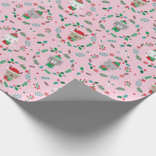 Niedliche Weihnachtstierreste Rosa Geschenkpapier (Ecke)