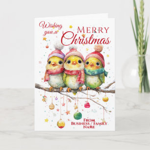 Niedliche Weihnachtsvögel in Winterhütten Feiertagskarte