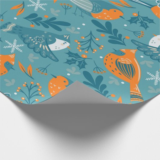 Niedliche Weihnachtsvögel und Schneeflocken Geschenkpapier (Ecke)