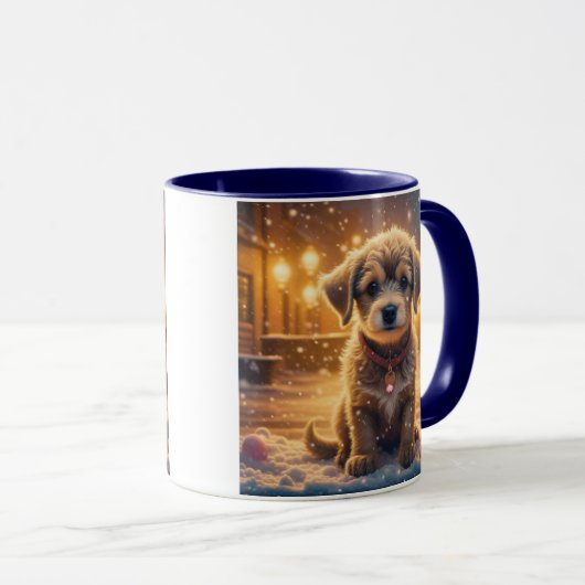 Niedliche Weihnachtswelpen auf einer schneebedeckt Tasse (VorderseiteRechts)