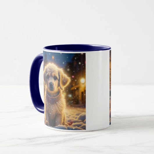 Niedliche Weihnachtswelpen auf einer schneebedeckt Tasse (Vorderseite Links)