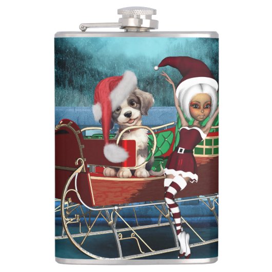 Niedliche Weihnachtswelpen Flachmann (Vorderseite)