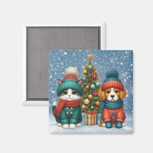 Niedliche Weihnachtswelpen und -kätzchen Magnet (Vorderseite/Rückseite)