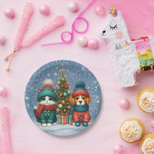 Niedliche Weihnachtswelpen und -kätzchen Pappteller (Party)