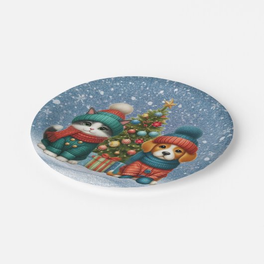 Niedliche Weihnachtswelpen und -kätzchen Pappteller (Schrägansicht)