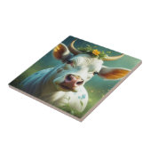 Niedliche weiße Ai-Kuh mit Hörnern und Blume Fliese (Seite)