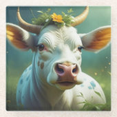 Niedliche weiße Ai-Kuh mit Hörnern und Blume Glasuntersetzer (Vorderseite)