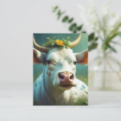 Niedliche weiße Ai-Kuh mit Hörnern und Blume Postkarte (Stehend Vorderseite)