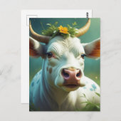 Niedliche weiße Ai-Kuh mit Hörnern und Blume Postkarte (Vorne/Hinten)
