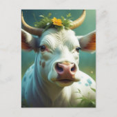Niedliche weiße Ai-Kuh mit Hörnern und Blume Postkarte (Vorderseite)