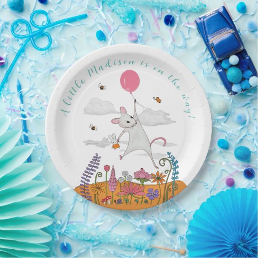 Niedliche, weiße Babymaus mit Ballon-Babydusche Pappteller (Party)