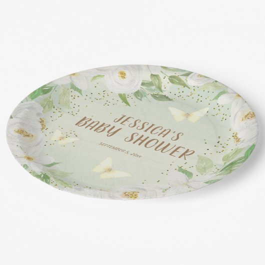 Niedliche weiße Blume Grüne Backyard Babydusche Pappteller (Schrägansicht)