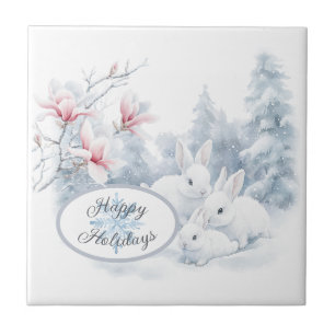 Niedliche weiße Kaninchen im Winterschnee Fliese