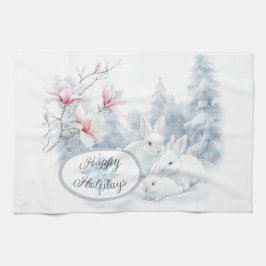 Niedliche weiße Kaninchen im Winterschnee Geschirrtuch