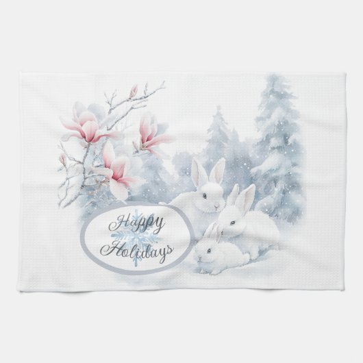 Niedliche weiße Kaninchen im Winterschnee Geschirrtuch (Horizontal)