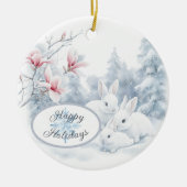 Niedliche weiße Kaninchen im Winterschnee Keramik Ornament (Vorne)