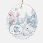 Niedliche weiße Kaninchen im Winterschnee Keramik Ornament (Links)