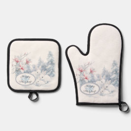 Niedliche weiße Kaninchen im Winterschnee Ofenhandschuh & Topflappen-Set