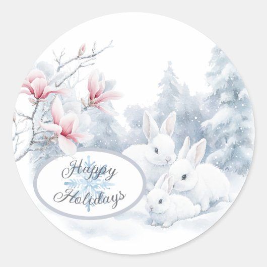 Niedliche weiße Kaninchen im Winterschnee Runder Aufkleber (Vorderseite)