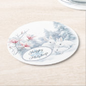 Niedliche weiße Kaninchen im Winterschnee Runder Pappuntersetzer (Angewinkelt)