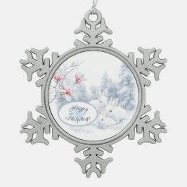 Niedliche weiße Kaninchen im Winterschnee Schneeflocken Zinn-Ornament