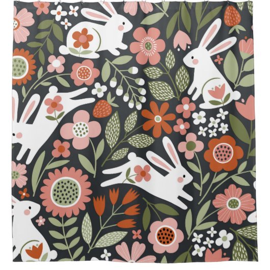 Niedliche, weiße Kaninchen, Vintages Blumenmuster. Duschvorhang (Vorderseite)