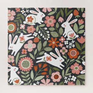 Niedliche, weiße Kaninchen, Vintages Blumenmuster. Puzzle