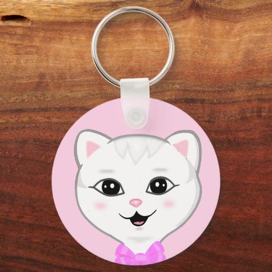 Niedliche weiße Katze auf hellrosa Schlüsselanhänger (Vorderseite)