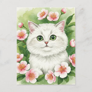 Niedliche Weiße Katze Blume Wasserfarben Postkarte