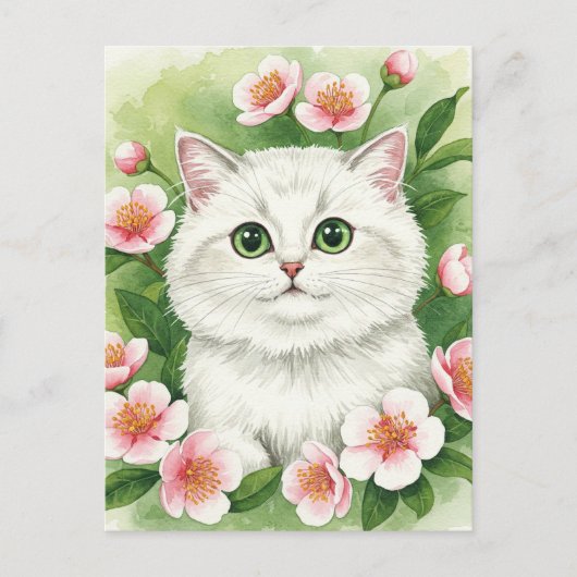 Niedliche Weiße Katze Blume Wasserfarben Postkarte (Vorderseite)