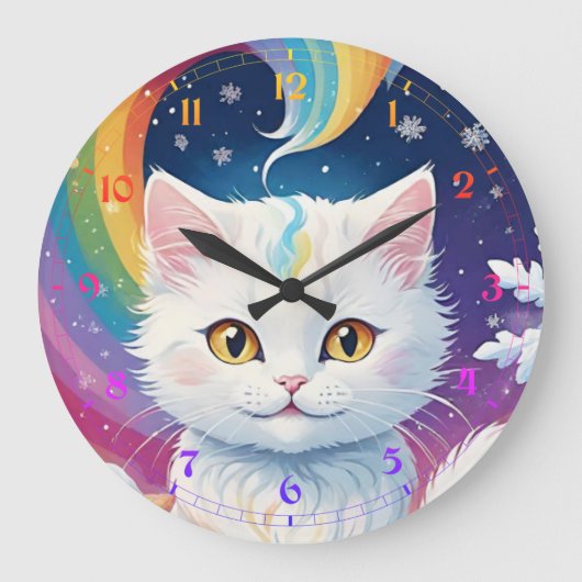 Niedliche weiße Katze Große Wanduhr (Vorderseite)