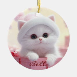 Niedliche weiße Katze in einer Schachtel Weihnacht Keramik Ornament