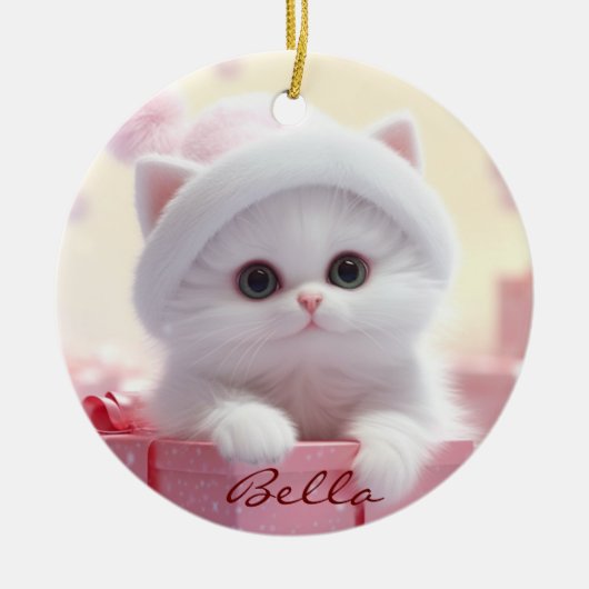 Niedliche weiße Katze in einer Schachtel Weihnacht Keramik Ornament (Vorne)