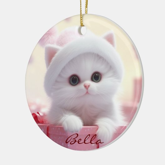Niedliche weiße Katze in einer Schachtel Weihnacht Keramik Ornament (Links)