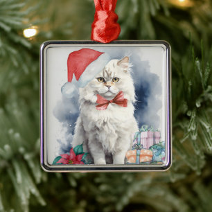 Niedliche weiße Katze in Weihnachtsmannmütze Gesch Ornament Aus Metall