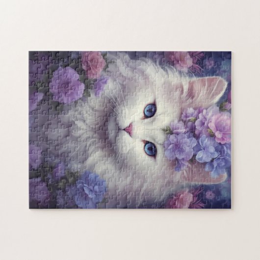 Niedliche weiße Katze mit Blume, Fantasiekunst Puzzle (Horizontal)