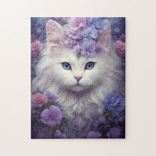 Niedliche weiße Katze mit Blume, Fantasiekunst Puzzle (Vertikal)