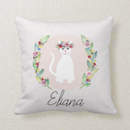 Niedliche weiße Katze mit Blume und Name Kissen