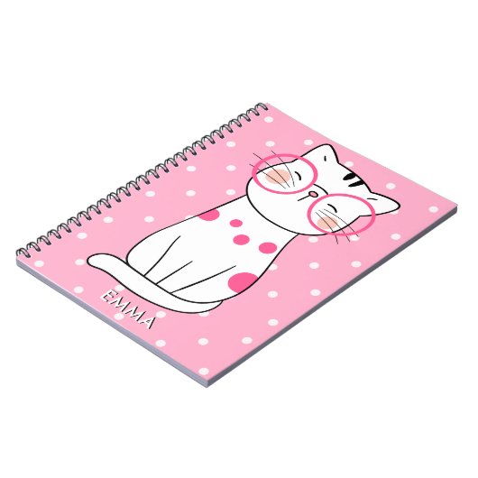 Niedliche weiße Katze mit Eyegbrille & Polka Dot P Notizblock (Linke Seite)