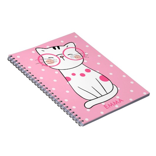 Niedliche weiße Katze mit Eyegbrille & Polka Dot P Notizblock (Rechte Seite)