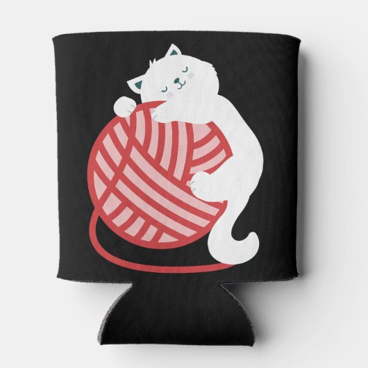 Niedliche weiße Katze mit Garnkugel Dosenkühler (Rückseite)