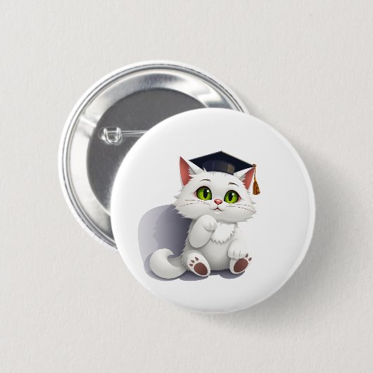 Niedliche weiße Katze mit Graduierungskappe Button (Vorne & Hinten)