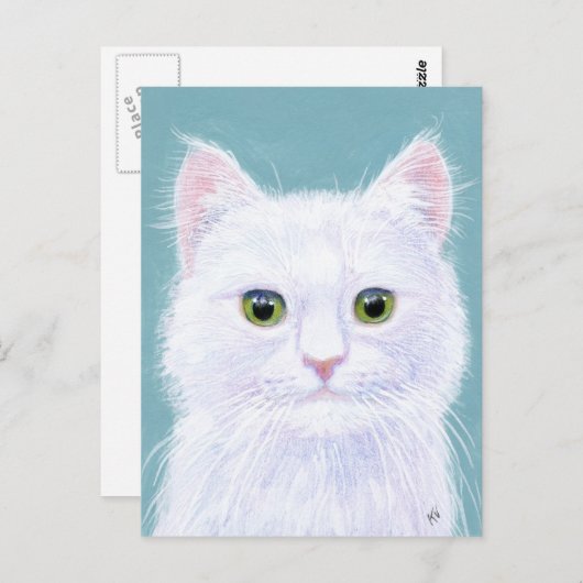 Niedliche weiße Katze mit grünen Augen Postkarte (Vorne/Hinten)