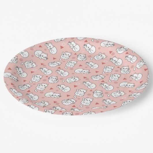 Niedliche weiße Katze Rosa Hintergrund Pappteller (Schrägansicht)