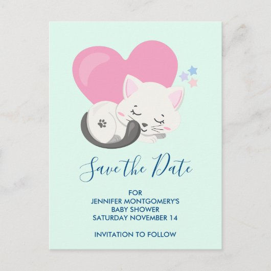 Niedliche Weiße Katze Schlafen Save the Date Einladungspostkarte (Vorderseite)