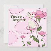 Niedliche weiße Katze und rosa Blume Geburtstag Einladung (Vorderseite)