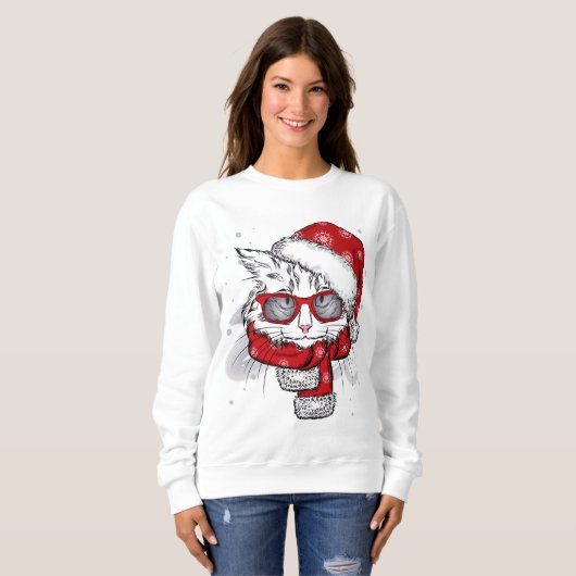 Niedliche weiße Katzen-frohe Weihnachten Sweatshirt (Vorne ganz)