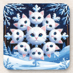 Niedliche weiße Katzengesichter in einem Schneeflo Getränkeuntersetzer