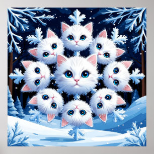 Niedliche weiße Katzengesichter in einem Schneeflo Poster