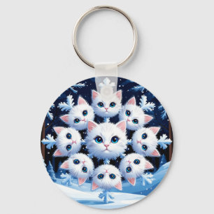 Niedliche weiße Katzengesichter in einem Schneeflo Schlüsselanhänger
